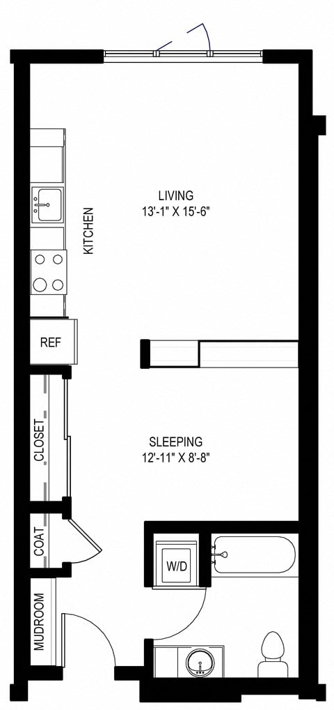 Floor plan for 1 bed, 1 bath, 565 sqft